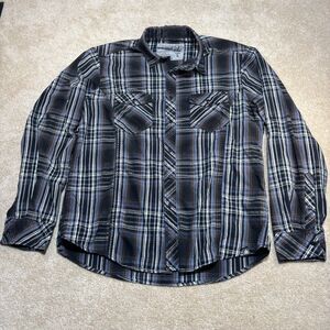 Machine Shirt Mens L Blue Black Plaid Western Cowboy Casual Long Sleeve Pocket